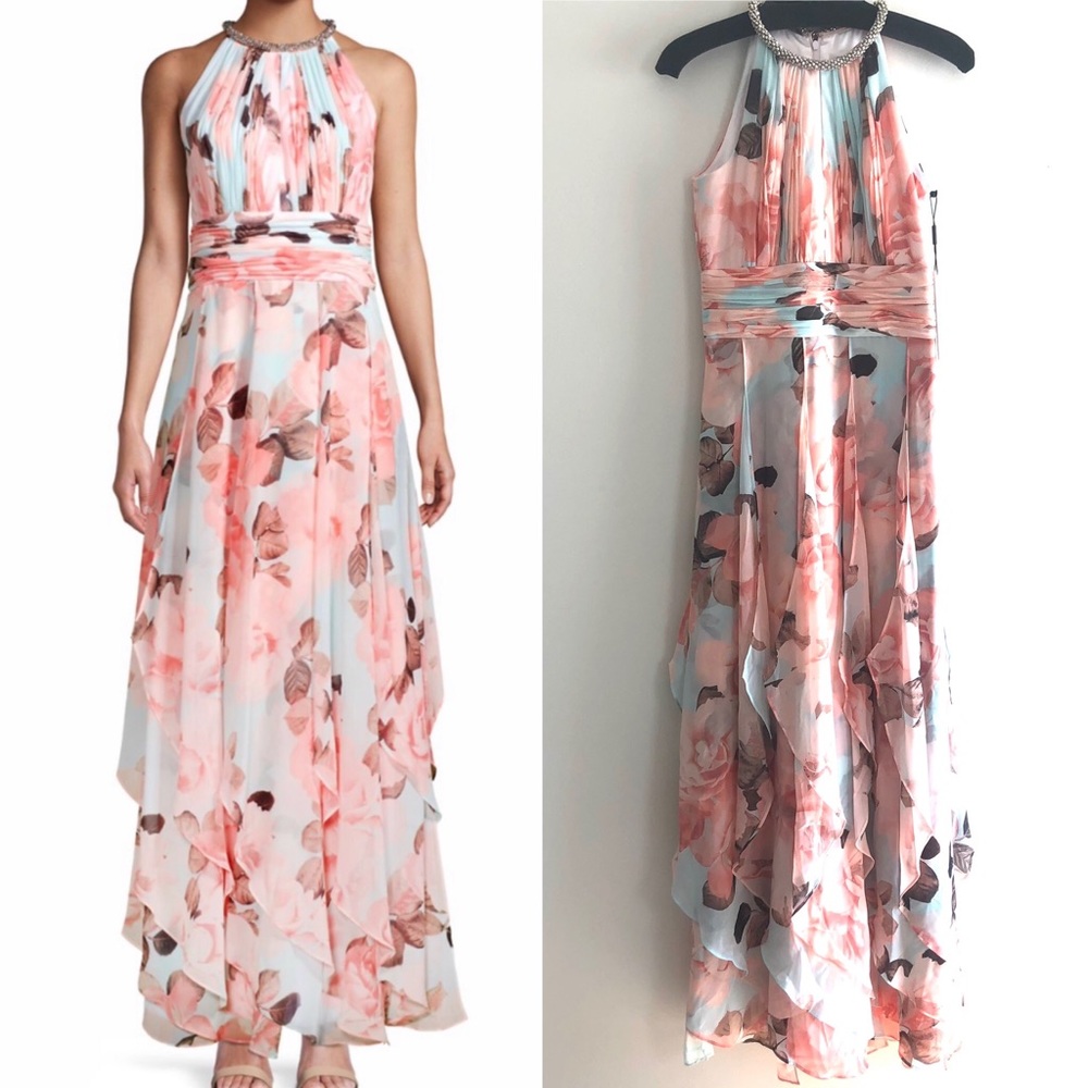 CALVIN KLEIN Pastel Maxi Gown Peach Turquoise Sz 2